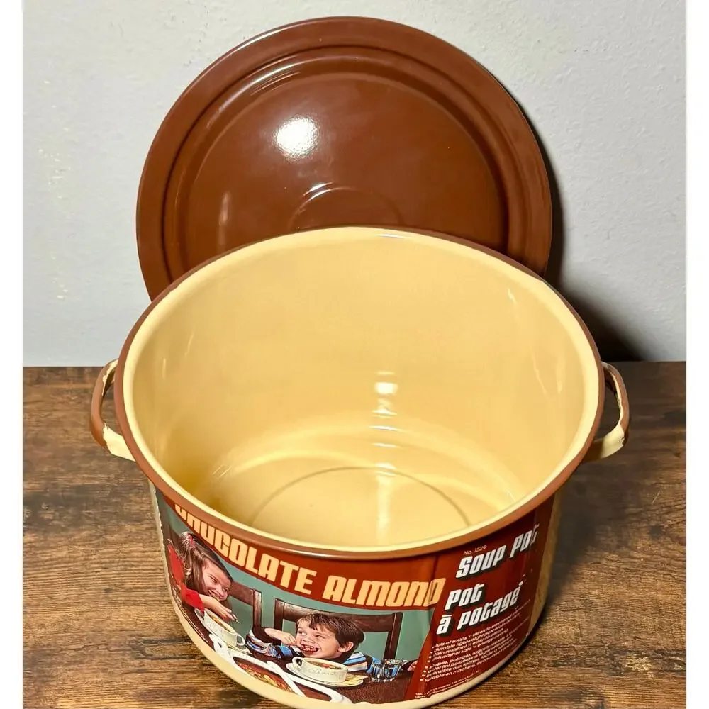 New Vintage 1979 Stock Pot With Lid #1530 Chocolate/Almond Enamel 11Qt 7oz